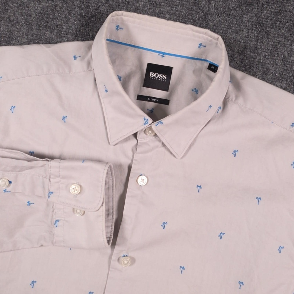 BOSS Hugo Boss Shirt Mens M Gray Palm Tree Slim Fit Button Up Beach Tropical